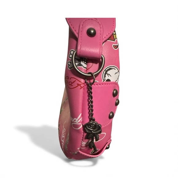 Ed Hardy Candy Pink Skulls Hearts & Roses Small Studded Hobo Shoulder bag charms - Picture 4 of 10